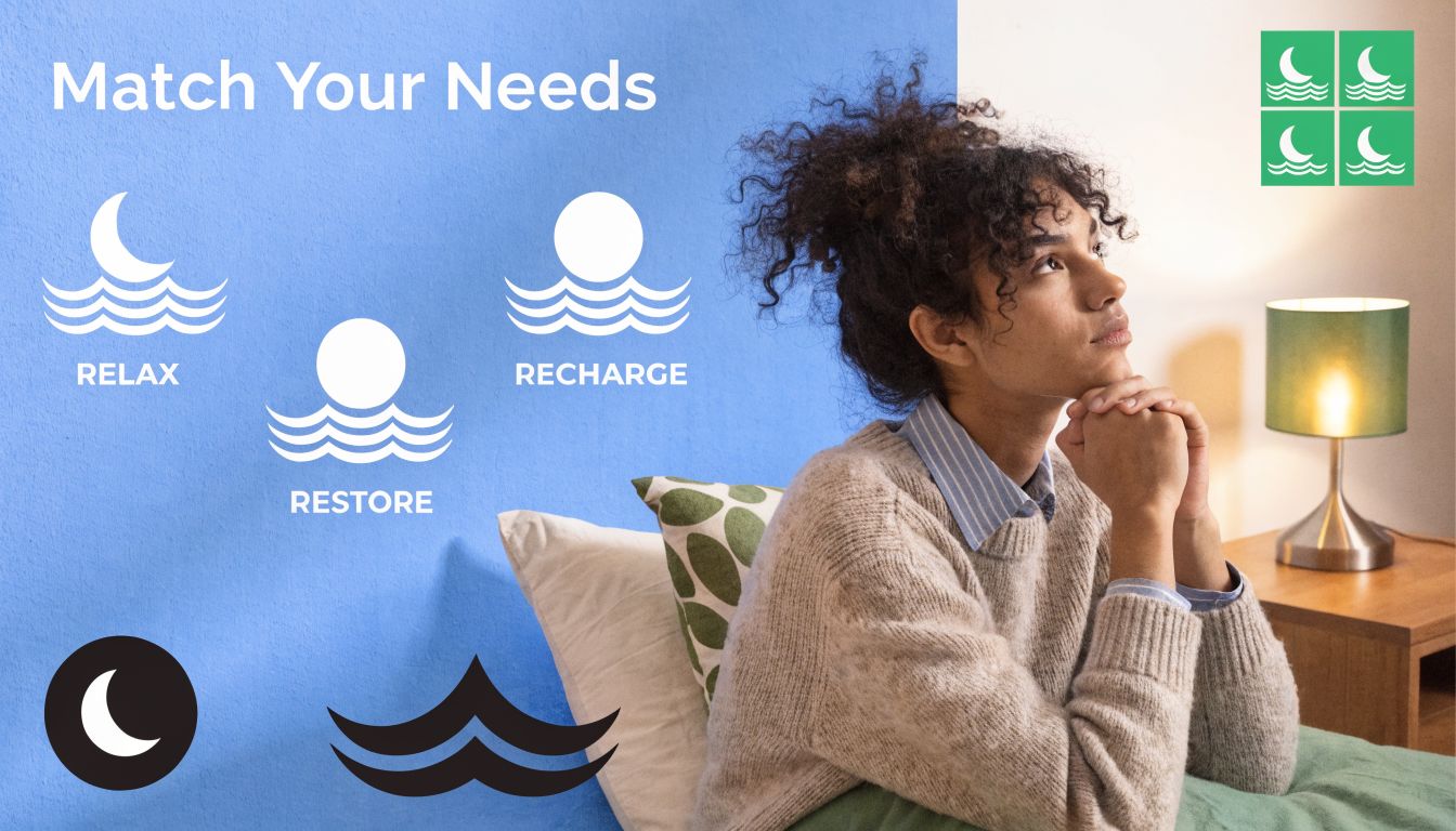 A person resting in bed thinking, beside icons representing relaxation, restoration, and recharging for better sleep.