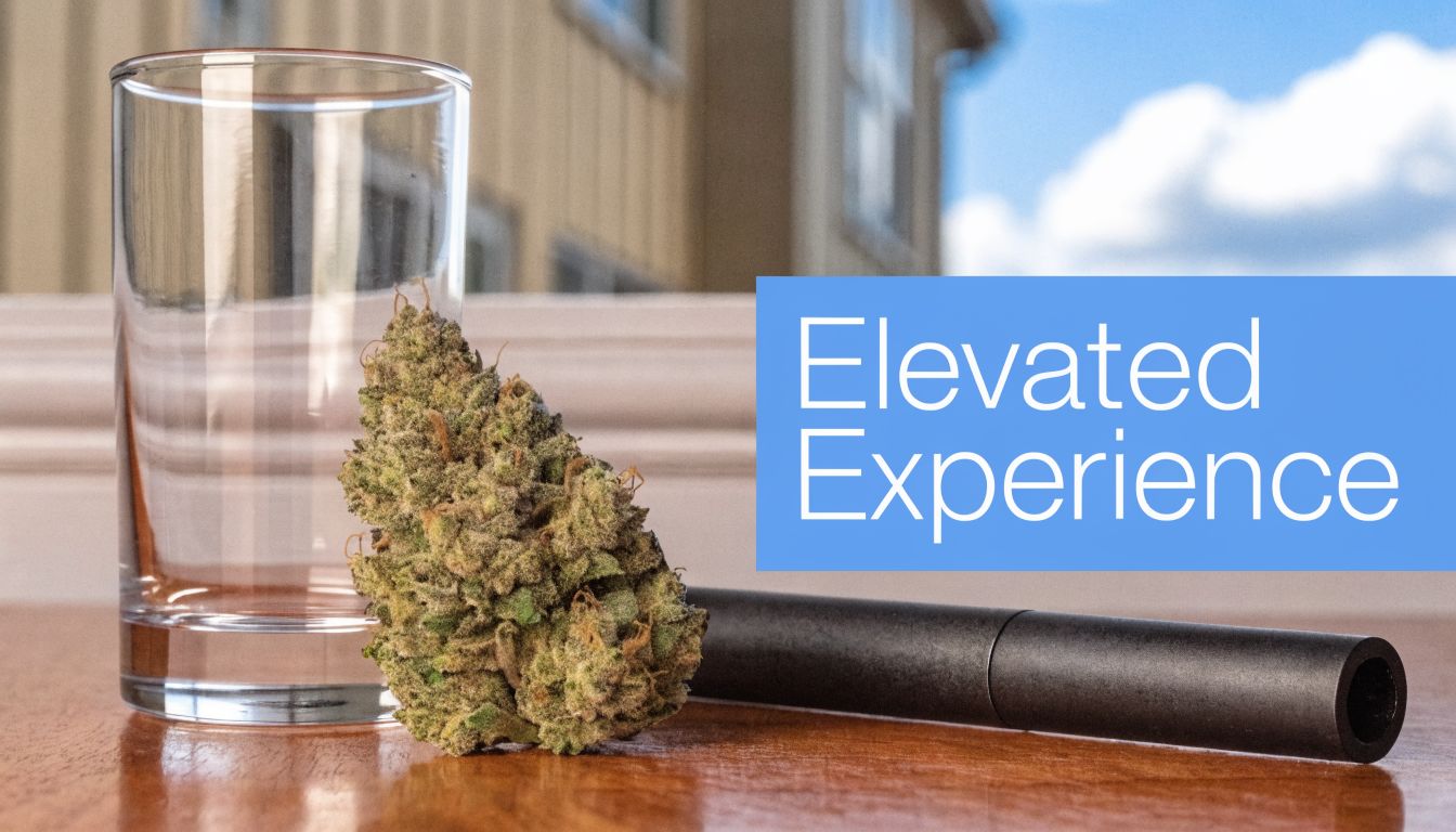 A marijuana bud sitting on a wooden table next to a glass and a vape pen.