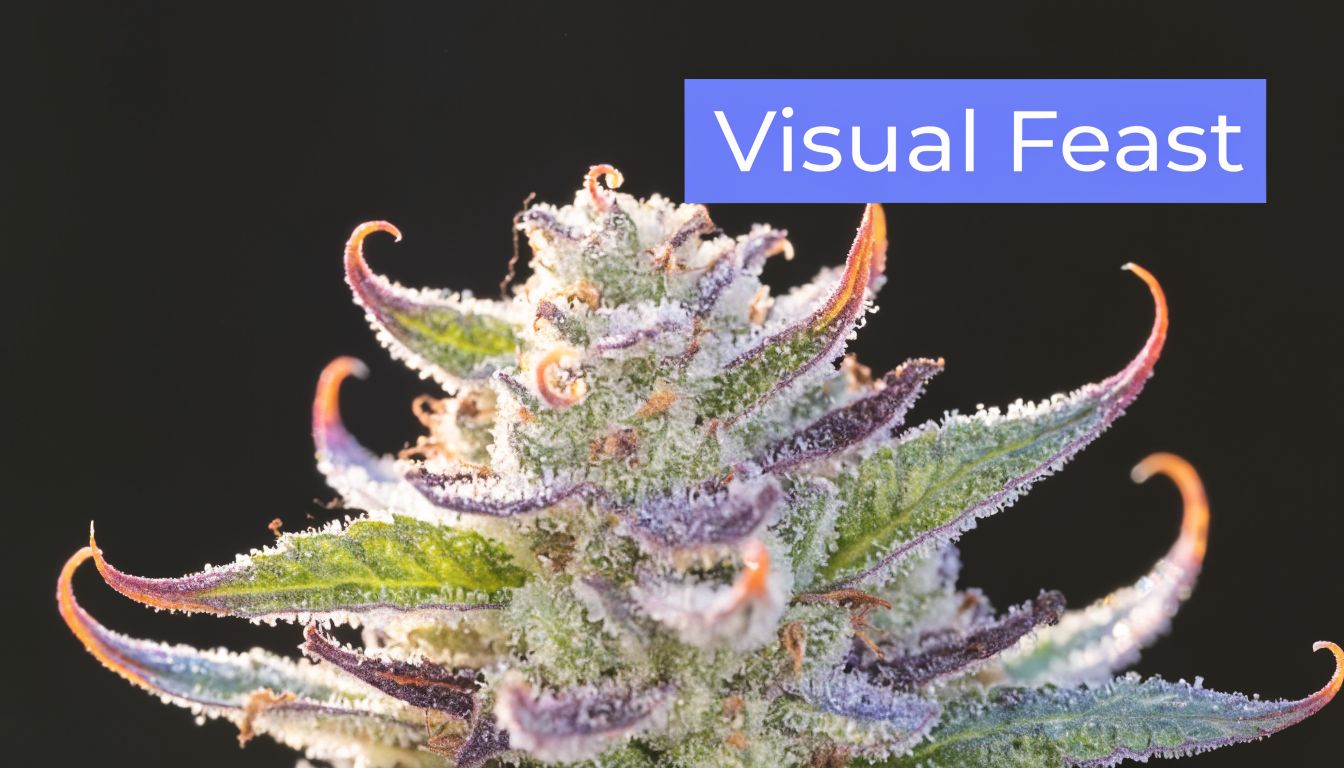 A close-up macro view of a frosty purple and green cannabis flower bud on black background.