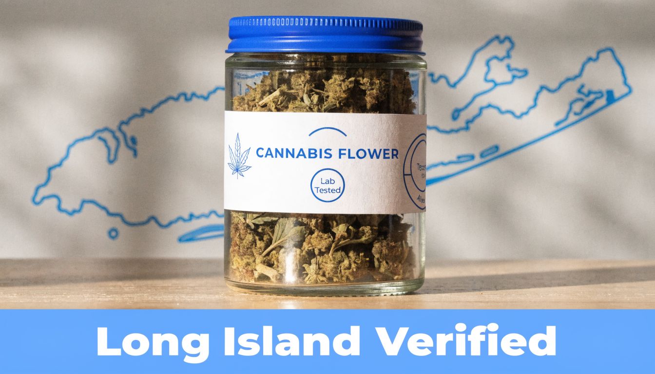 A glass jar filled with dried cannabis flower, labeled and placed in front of a Long Island outline.