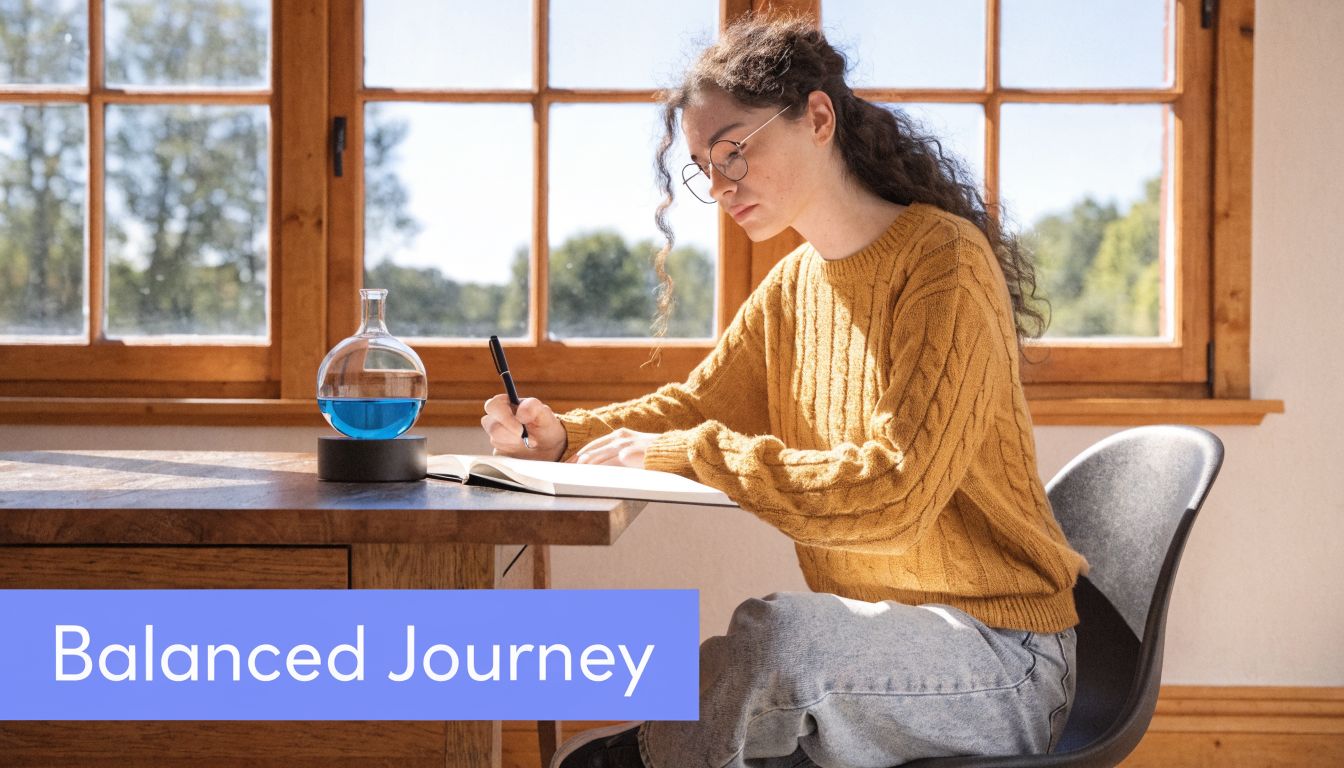 A young woman wearing glasses and a yellow sweater writes in a notebook at a sunny desk.