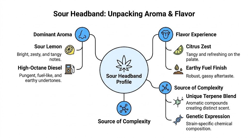 An infographic detailing the aroma, flavor profile, and source of complexity for the Sour Headband strain.