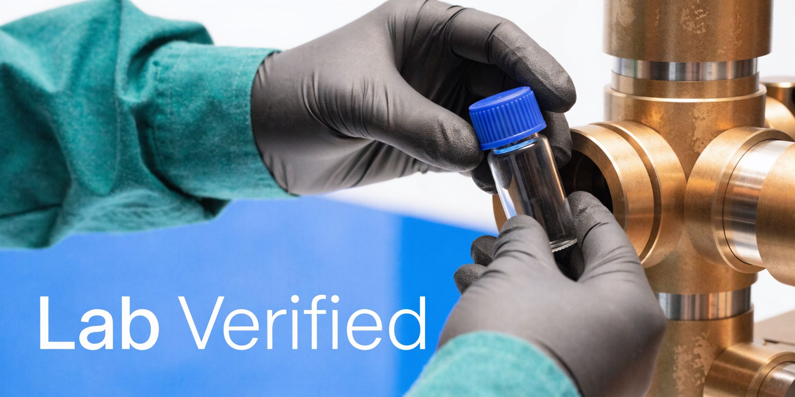 A gloved technician holds a small glass vial near industrial machinery in a clinical lab setting.