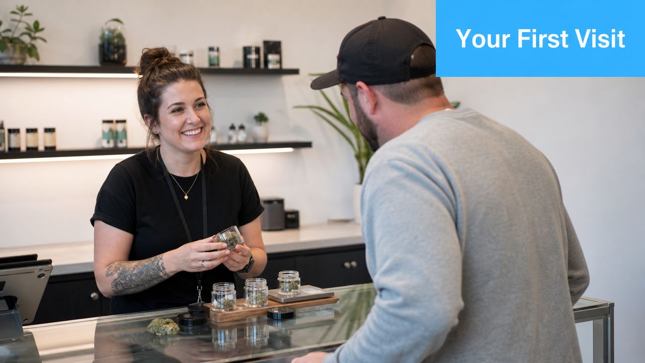 A friendly dispensary employee assisting a customer with cannabis flower products during their first visit.