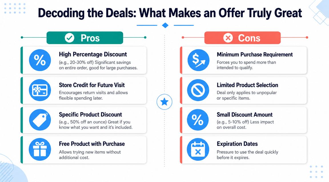 A comparison chart outlining the pros and cons of different dispensary marketing offers and customer deals.