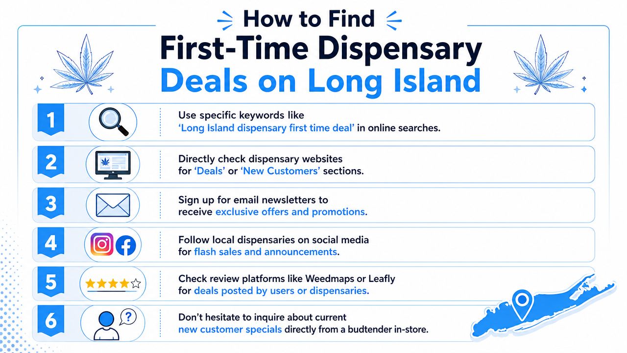 An infographic detailing six steps to find first-time customer deals at cannabis dispensaries on Long Island.