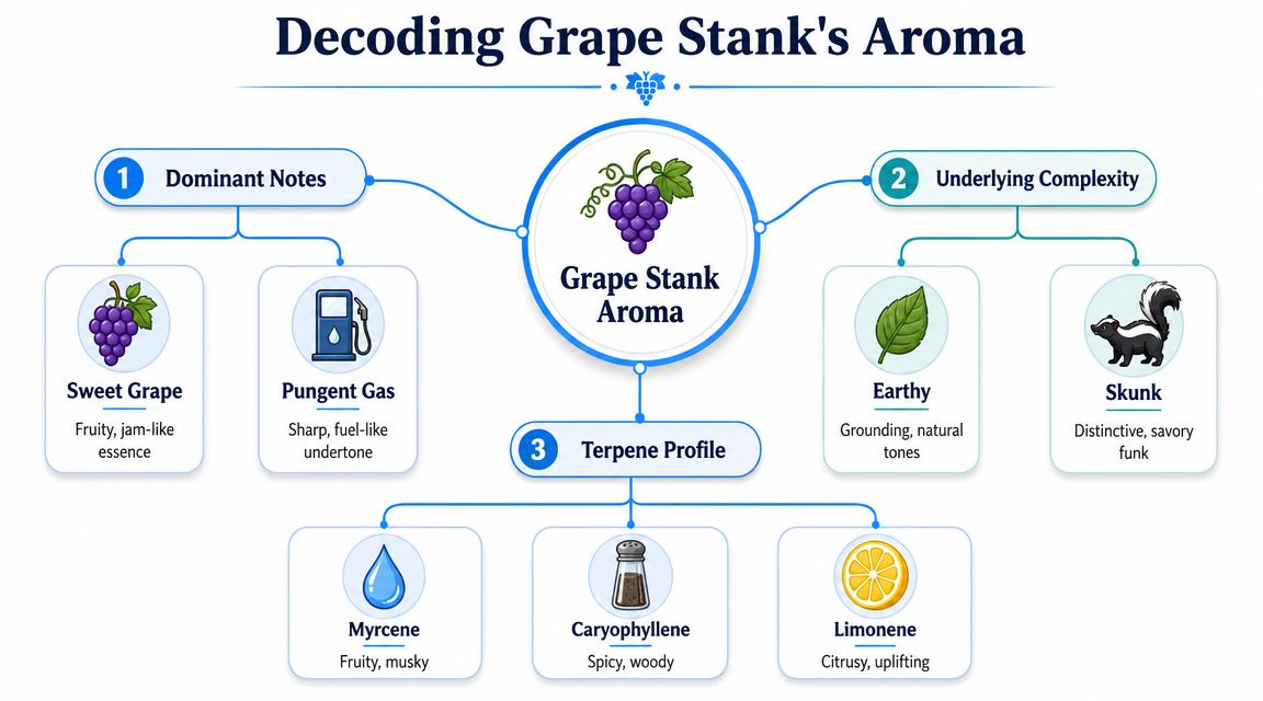 An infographic titled Decoding Grape Stank Aroma, detailing its dominant notes, underlying complexity, and terpene profile.