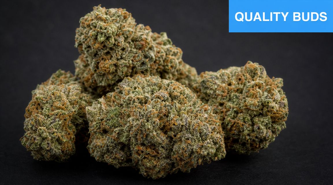 A cluster of premium, resin-covered Grape Stank cannabis buds isolated against a clean black background.