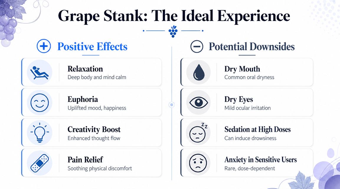 An infographic titled Grape Stank: The Ideal Experience listing four positive effects and four potential side effects.