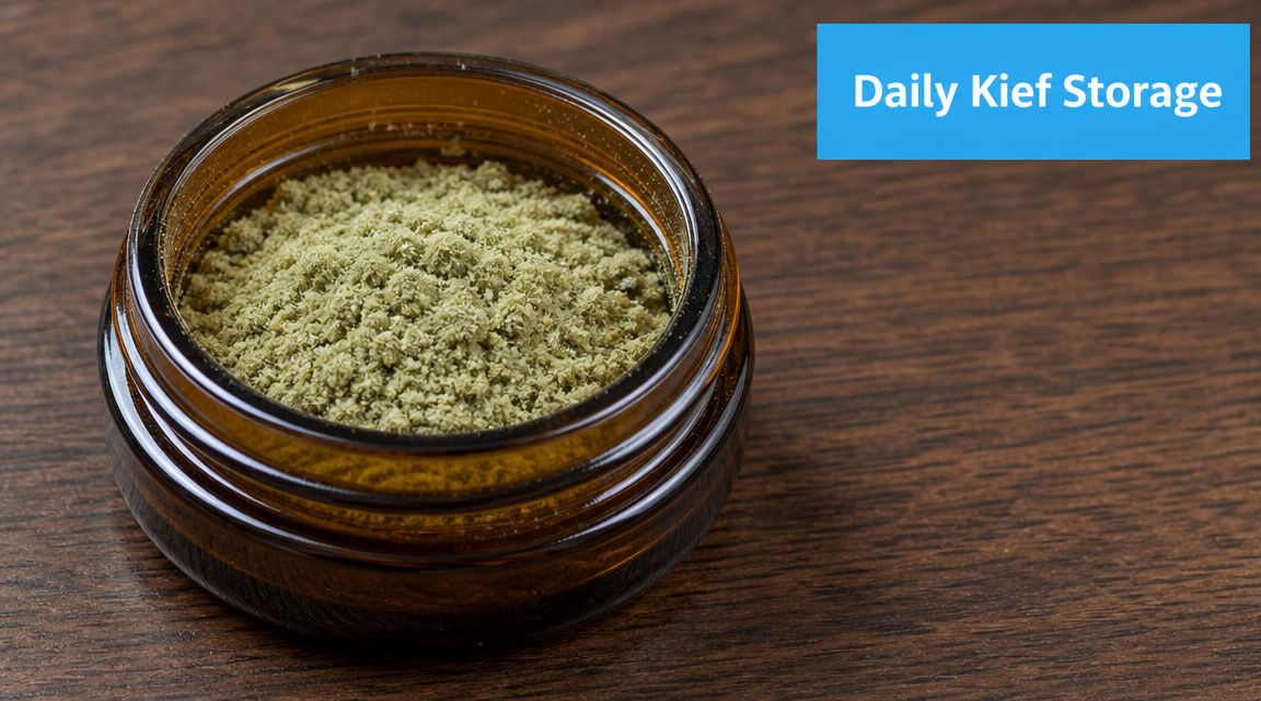 A close-up view of a small brown glass jar filled with green cannabis kief powder.