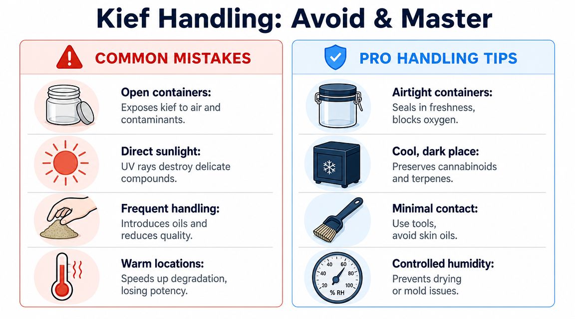 An infographic comparing common mistakes and professional tips for properly storing and handling kief.