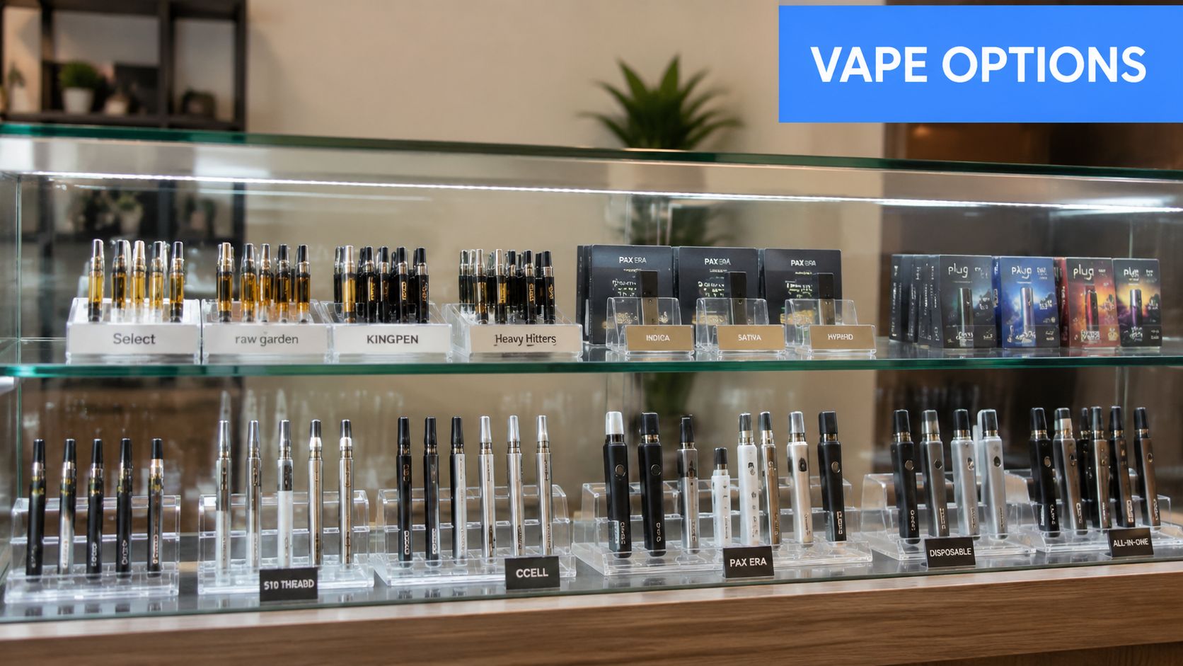 A glass display case in a retail store showcasing various cannabis vape cartridges and disposable vape pens.