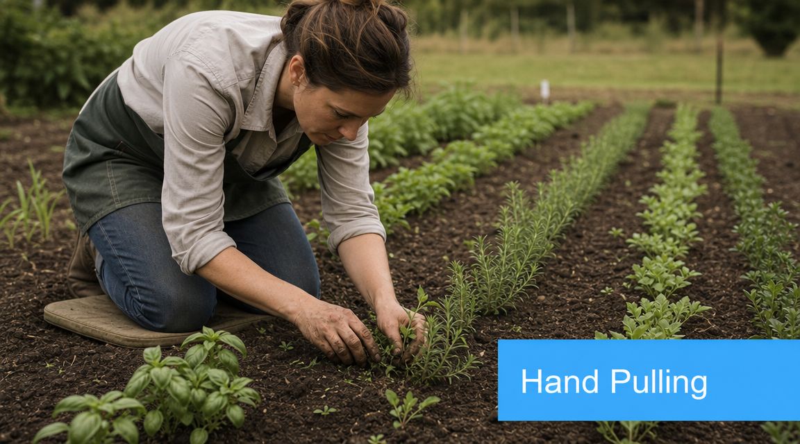 A woman kneeling in a garden, carefully hand pulling weeds from around small vegetable seedlings.
