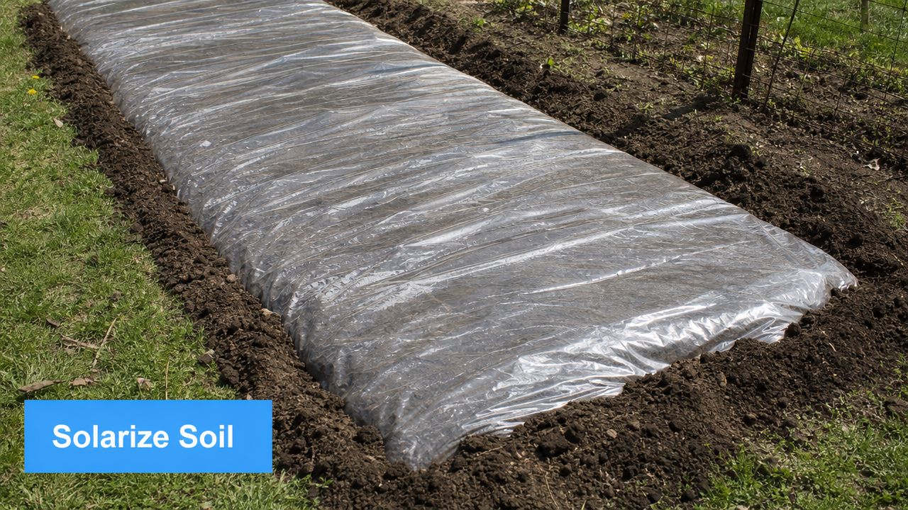 A long garden bed covered with clear plastic sheeting for soil solarization to control weeds organically.