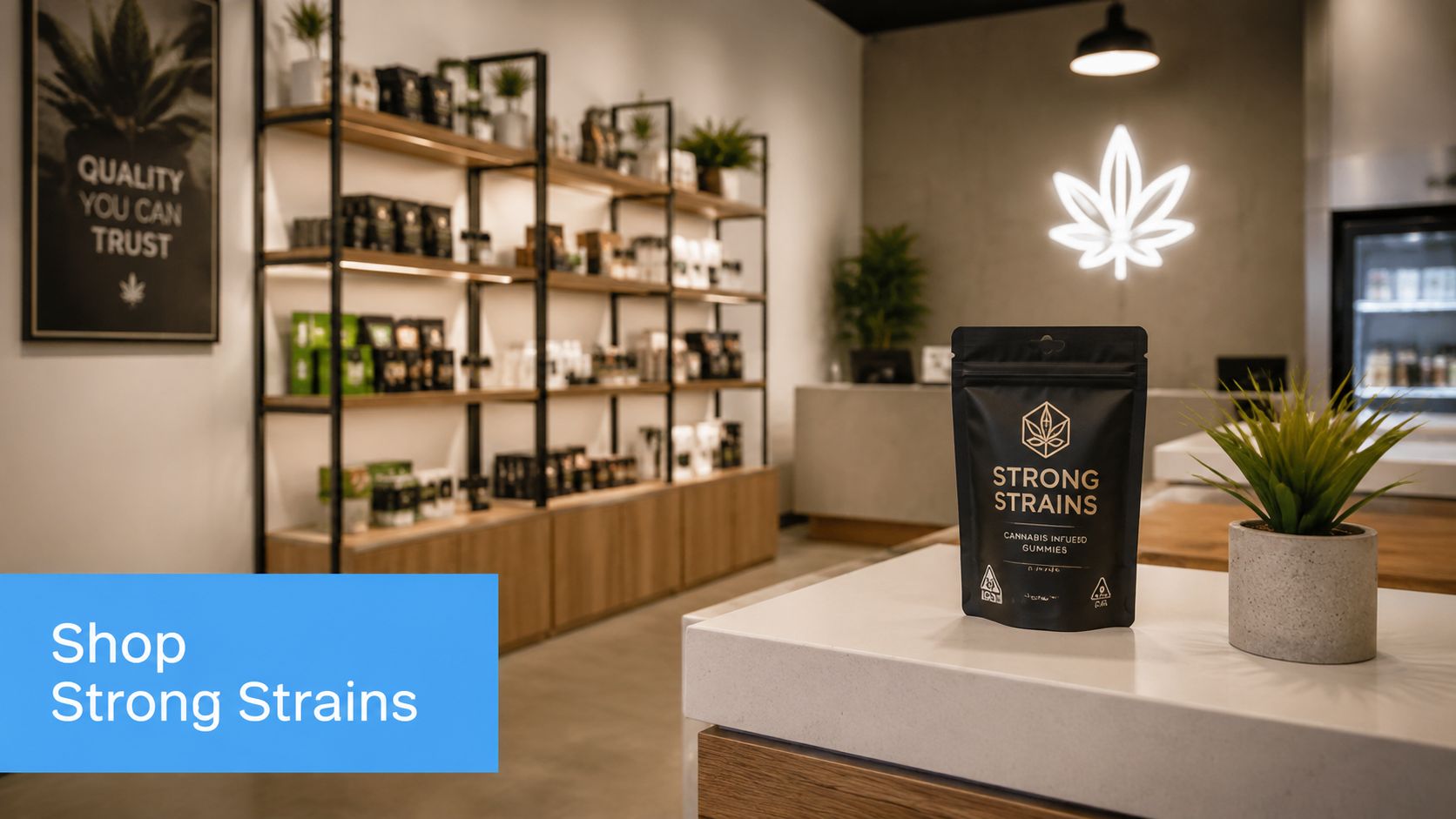 A modern cannabis dispensary interior featuring a bag of Strong Strains cannabis gummies on a counter.