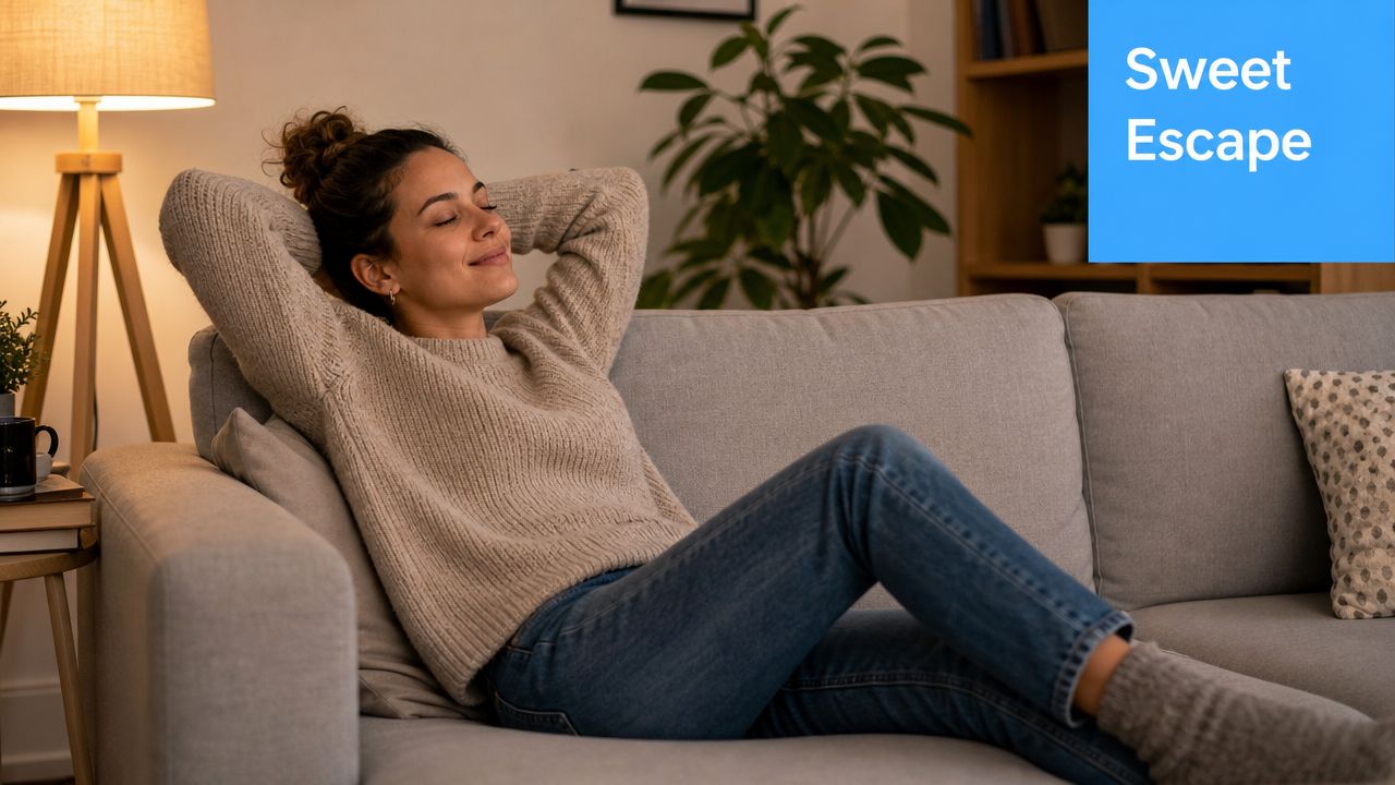 A relaxed woman with her eyes closed lounging comfortably on a cozy sofa at home.