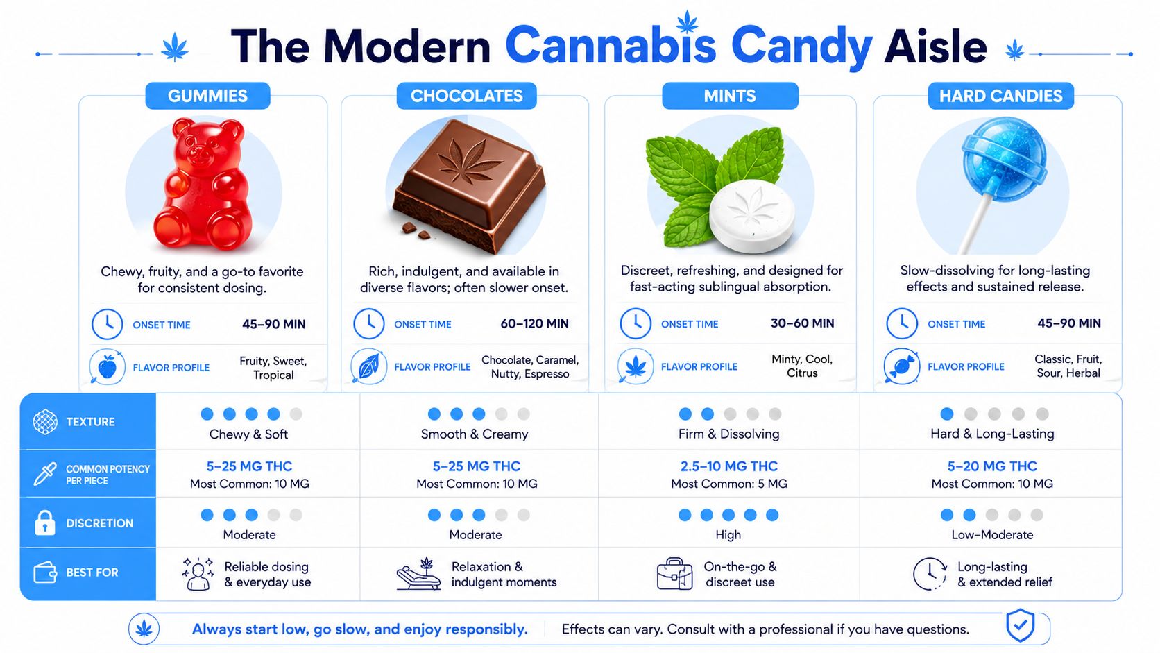 An infographic titled The Modern Cannabis Candy Aisle comparing gummies, chocolates, mints, and hard candies by potency and onset.
