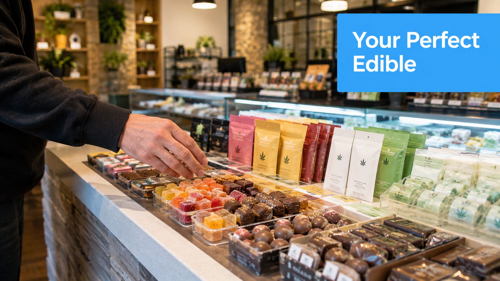 A customer choosing assorted cannabis-infused gummy candies at a display counter inside a modern dispensary store.