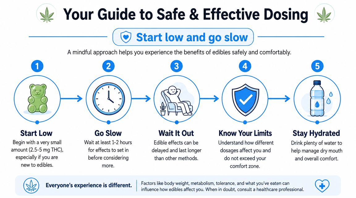 A safety infographic showing five steps for safe cannabis edible dosing, starting low and going slow.