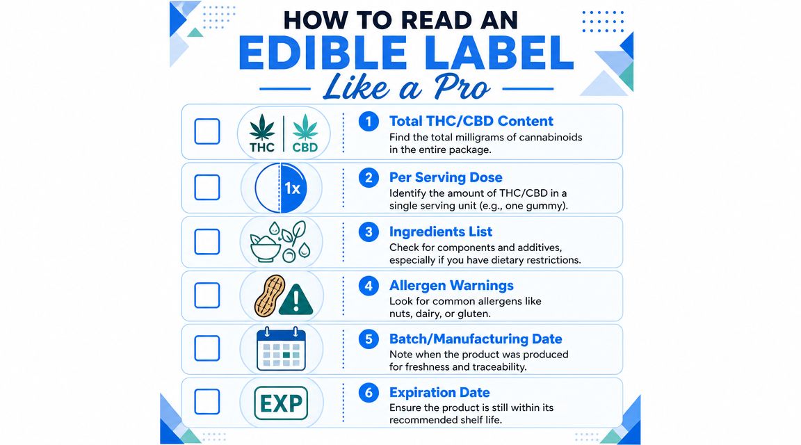 An infographic titled How to Read an Edible Label explaining six key points for cannabis product safety.