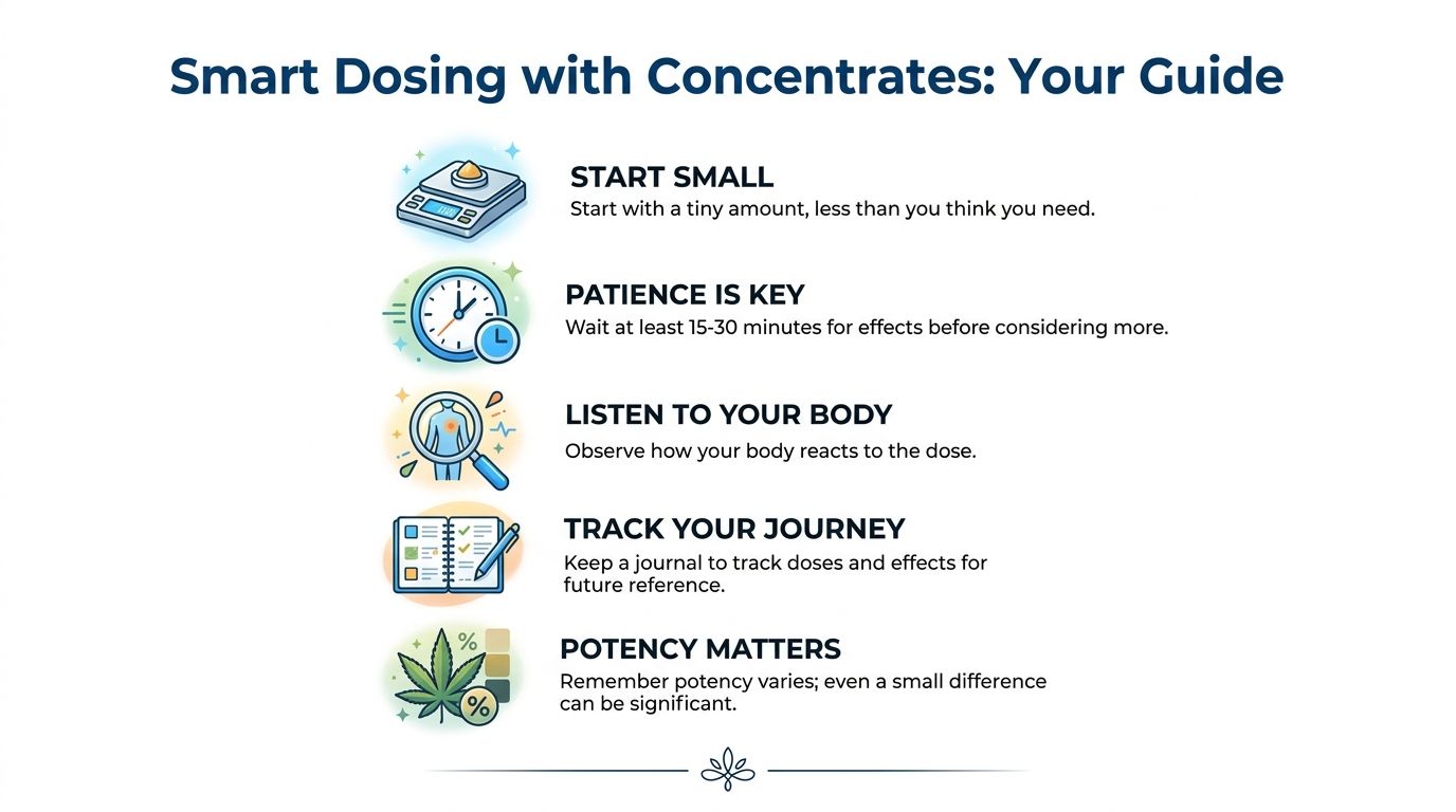 An educational infographic providing five essential tips for smart and safe dosing of cannabis concentrates.
