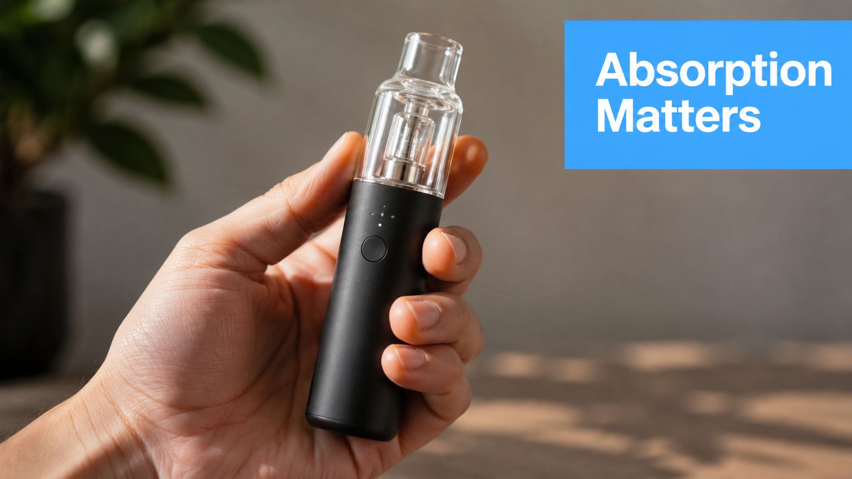 A hand holding a sleek, black portable concentrate vaporizer device against a blurred background with text overlay.
