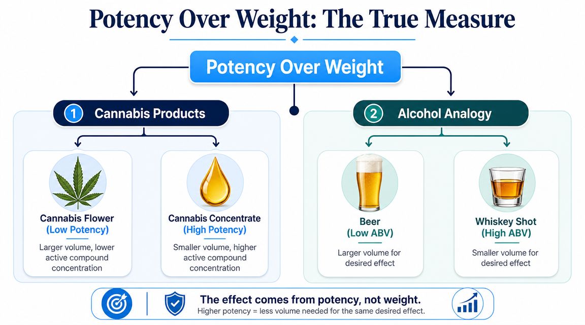 An infographic illustrating that the potency of cannabis products and alcohol determines the required volume for effects.