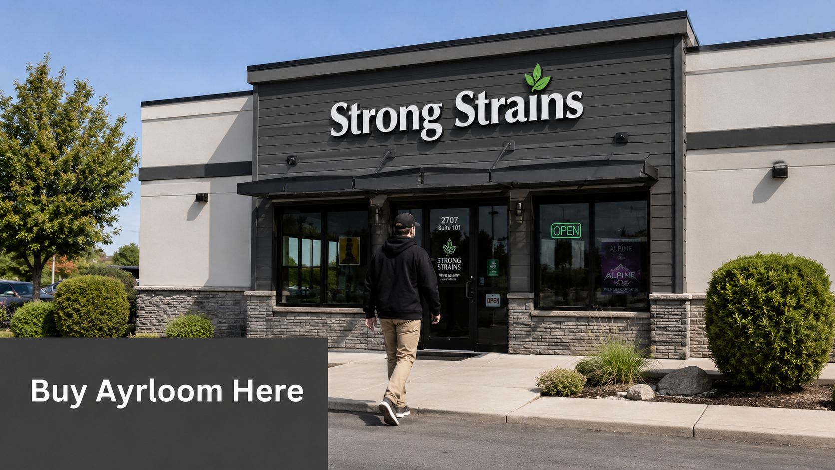 A person walking towards the entrance of the Strong Strains cannabis dispensary on a sunny day.