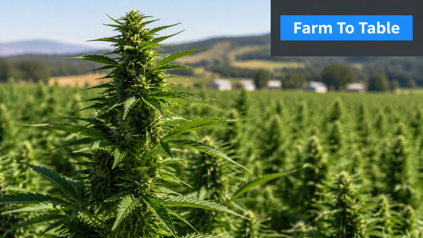 A close-up of a flowering hemp plant in a large green field under a clear blue sky.