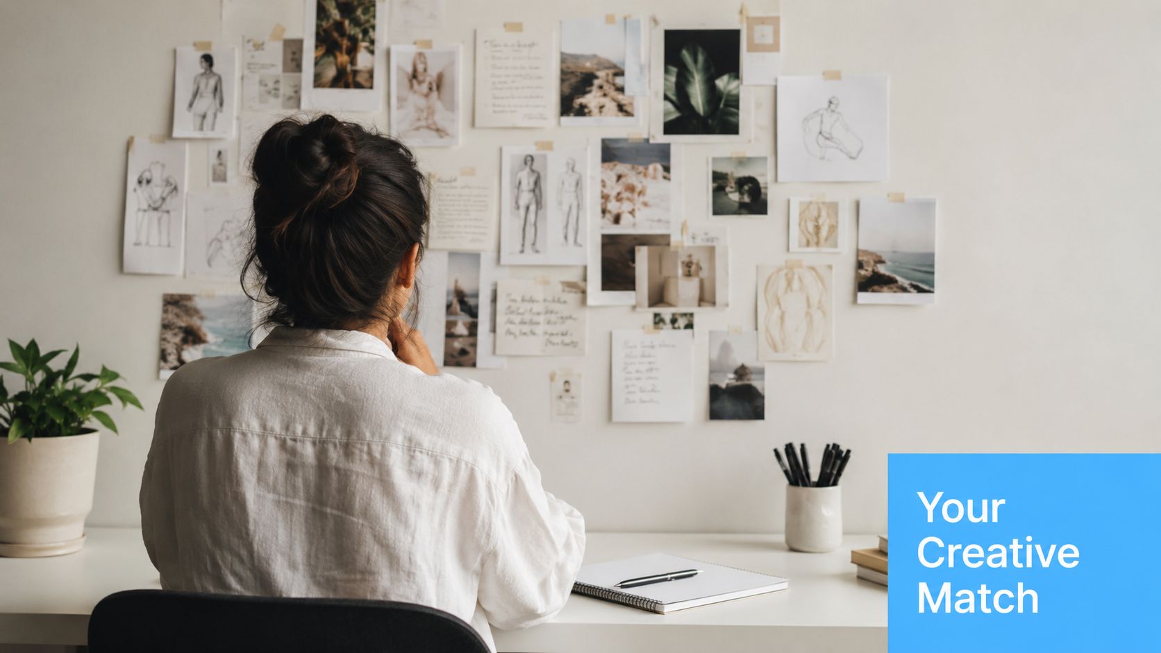 A creative person sitting at a desk looking at a mood board filled with sketches and photos.