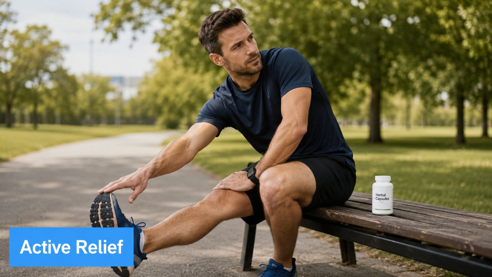 A fit man stretching his leg while sitting on a park bench next to herbal capsules.