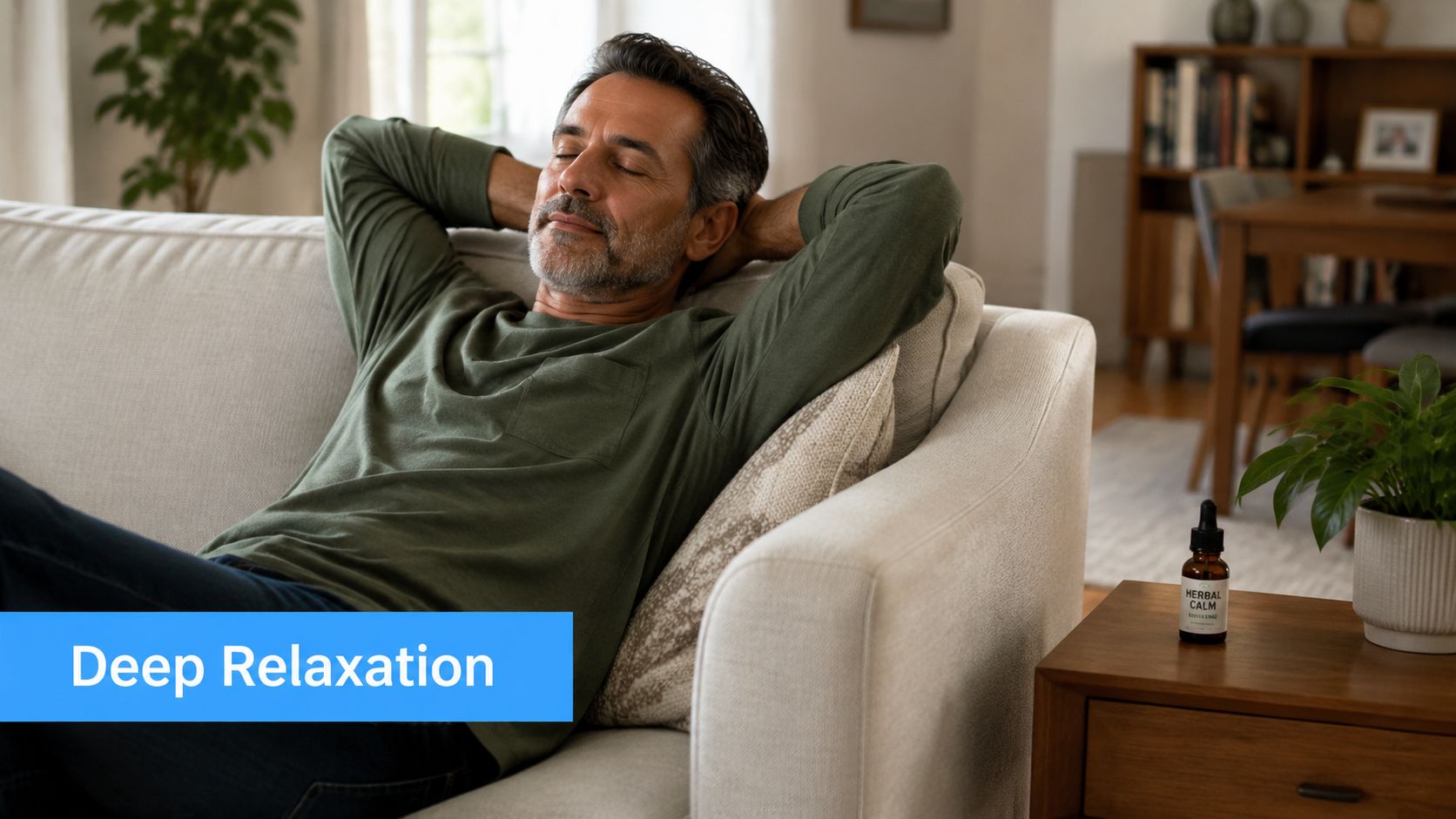 A middle-aged man relaxing on a couch with his eyes closed beside a bottle of herbal calm oil.