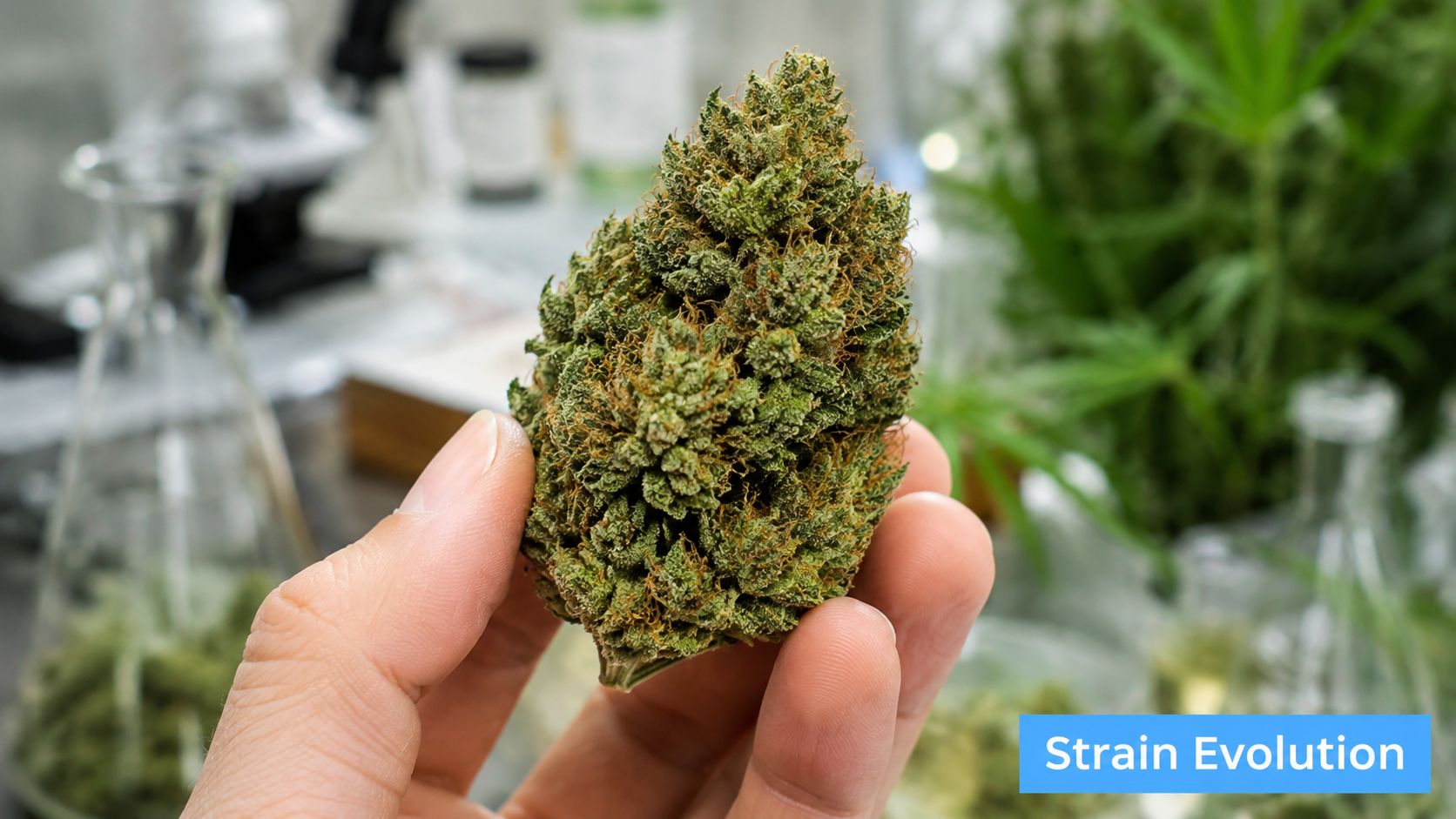 A scientist's hand holding a large, dense marijuana bud in a professional laboratory setting.
