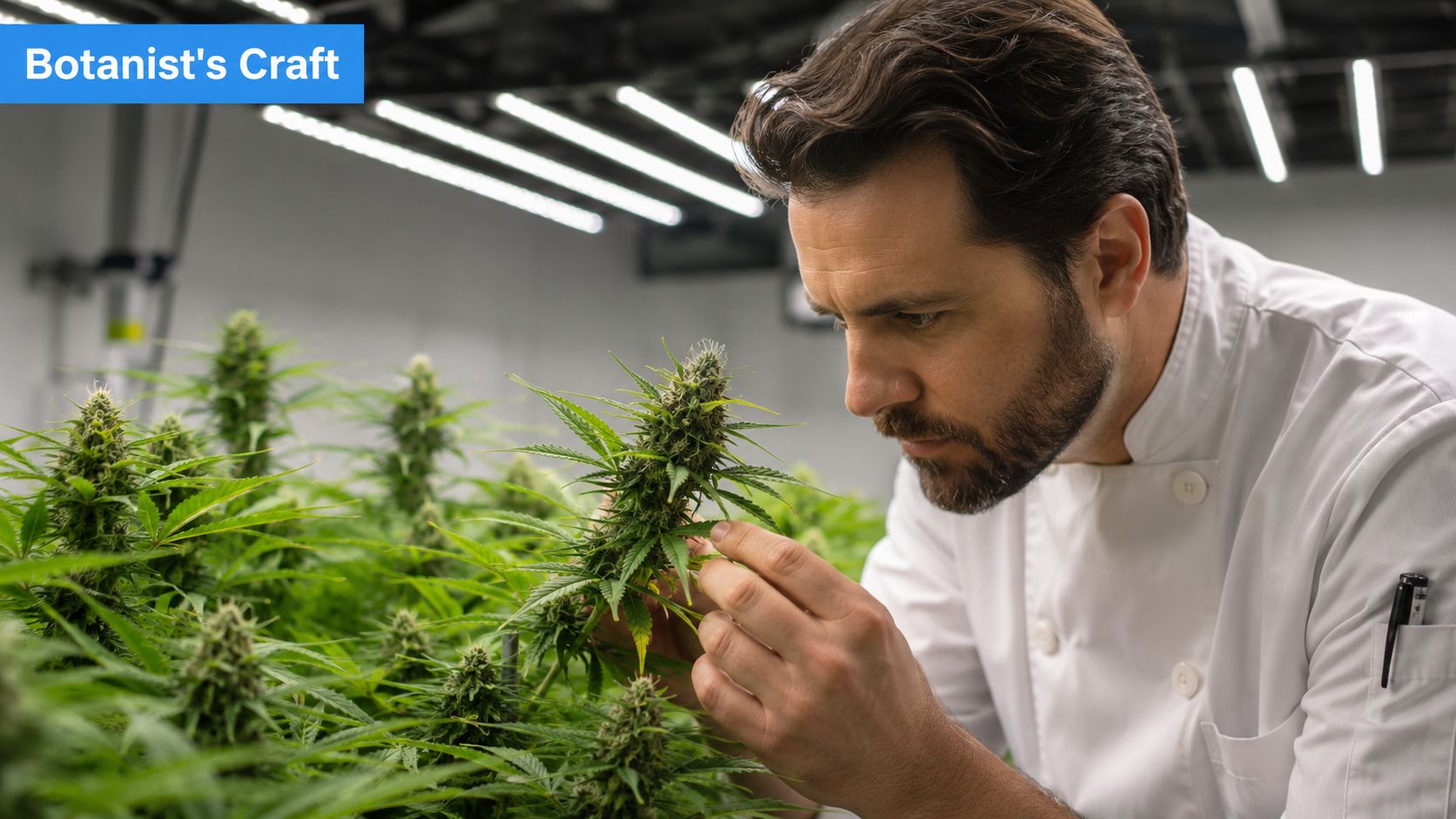 A professional botanist carefully examining a cannabis plant in a controlled indoor cultivation environment.