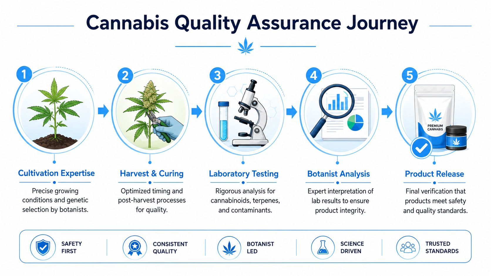 An infographic illustrating the five-step Cannabis Quality Assurance Journey, from cultivation and harvest to final product release.