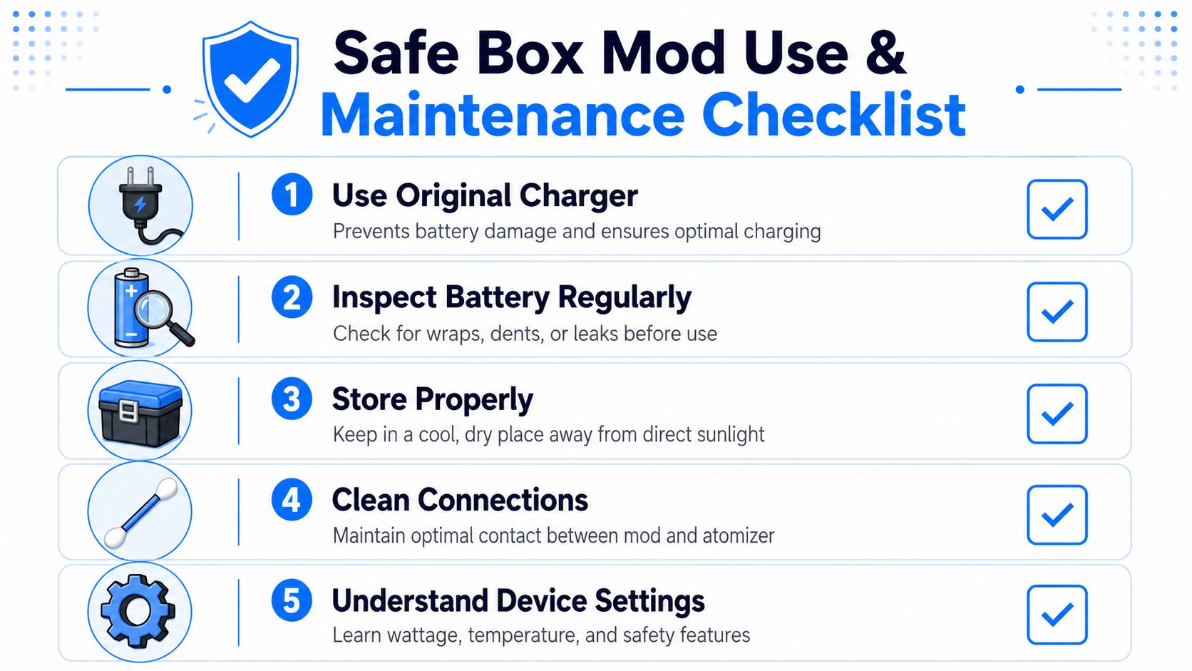 A safety checklist infographic for maintaining a box mod device, featuring five essential care and usage tips.