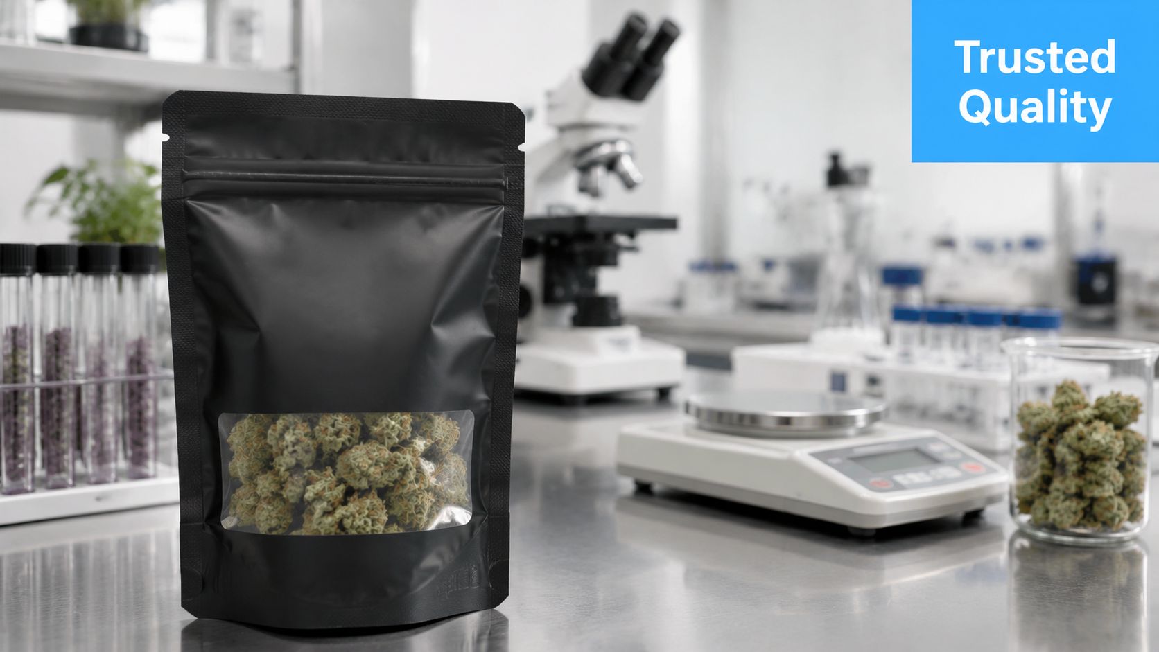 A black pouch containing Candy OG strain cannabis buds sits on a stainless steel laboratory bench table.
