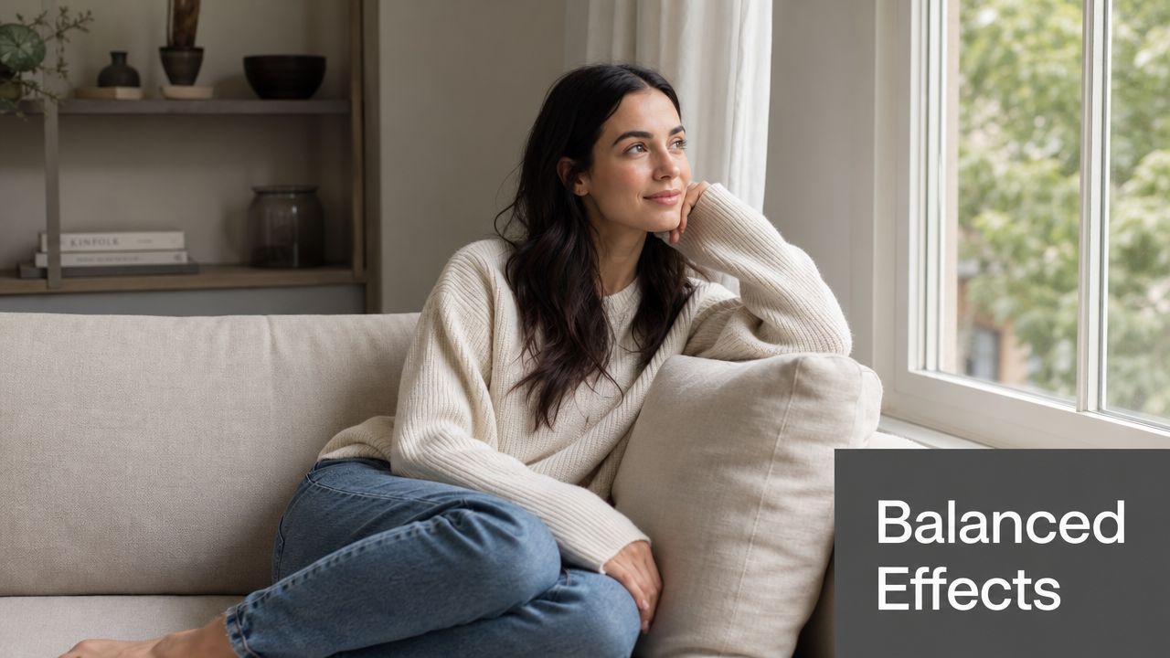 A relaxed young woman sitting on a comfortable beige couch by a bright window at home.