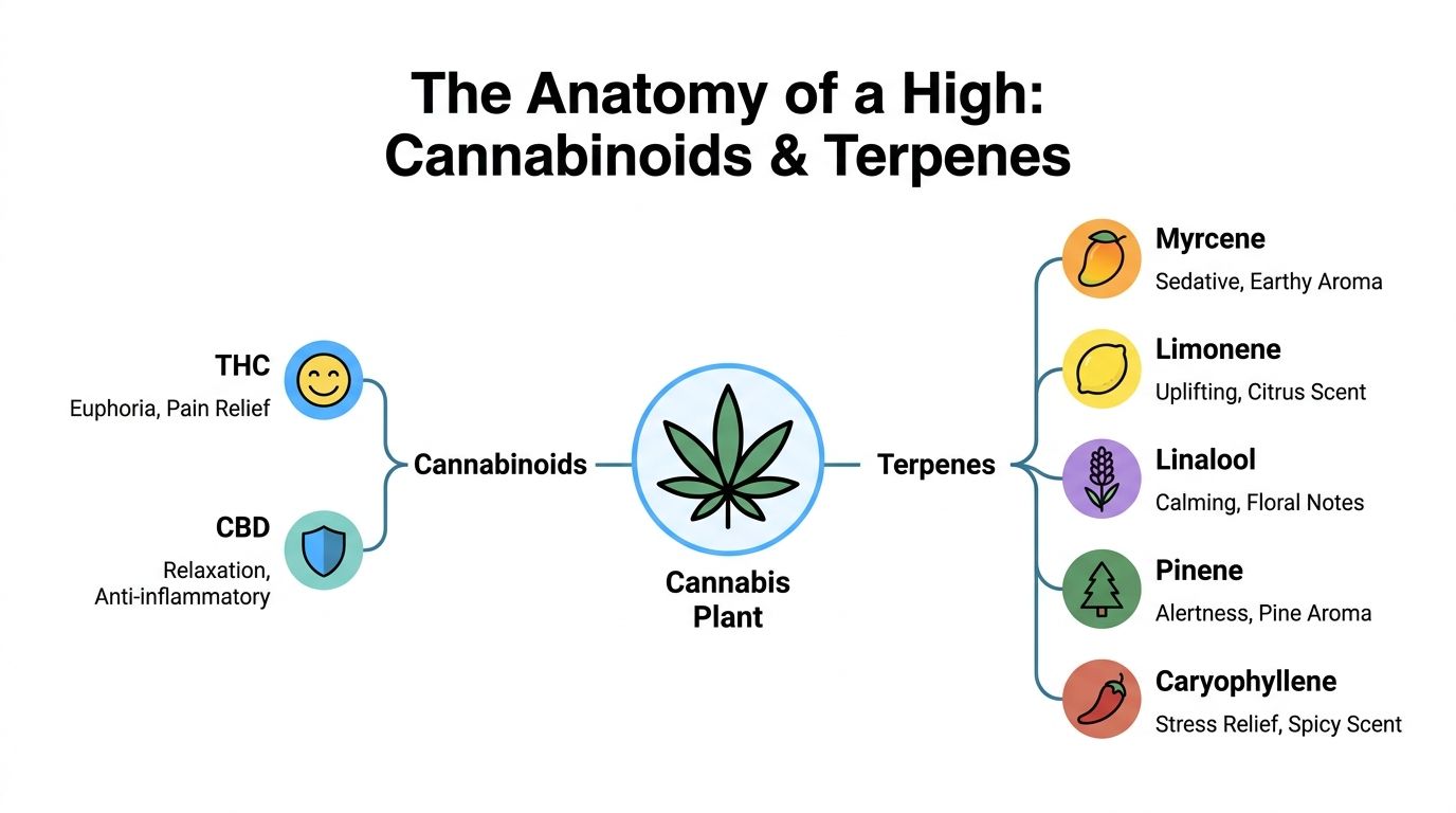 A diagram explaining the anatomy of cannabis with cannabinoids on the left and terpenes on the right.