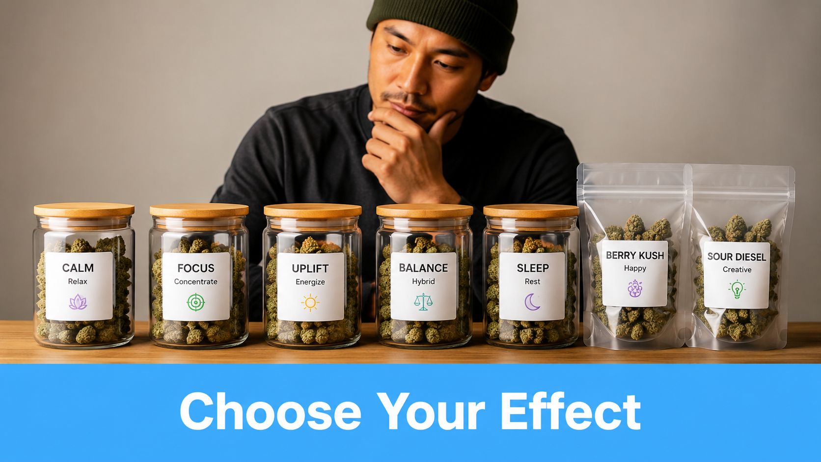 A man observing several glass jars and bags of cannabis buds labeled with different desired effects.
