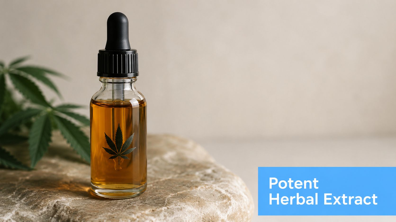 A glass bottle of amber-colored herbal cannabis tincture resting on a stone with leaves in background.