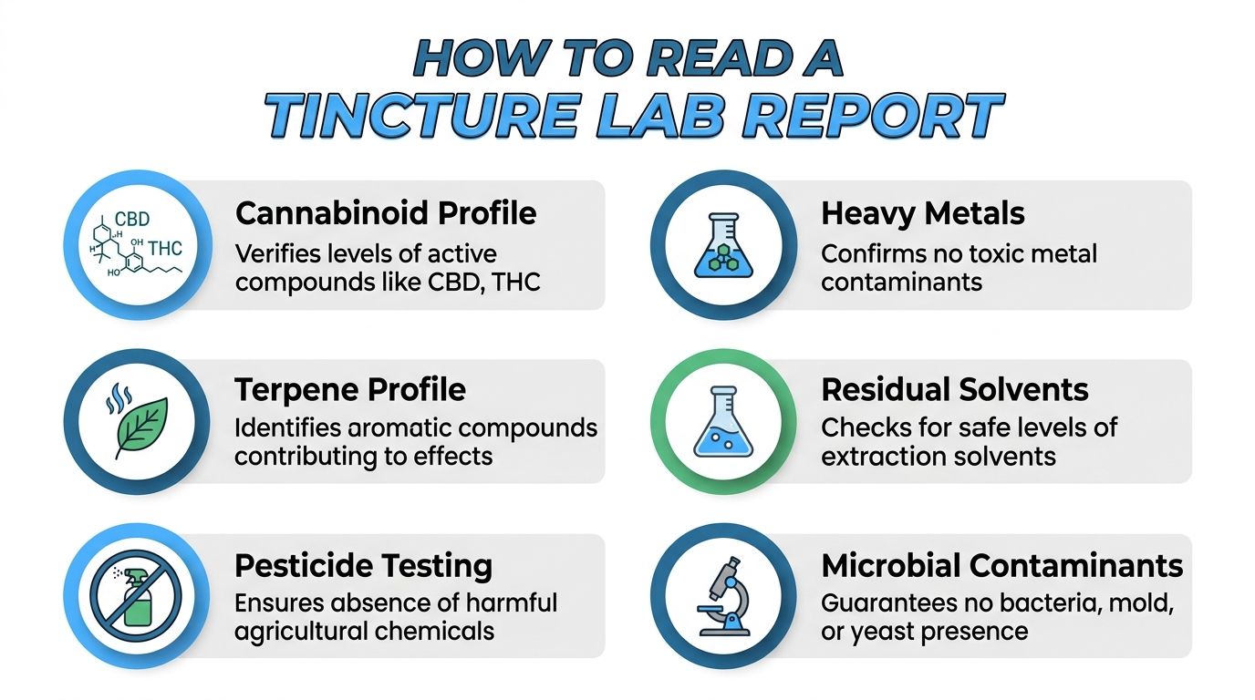 An infographic titled How to Read a Tincture Lab Report explaining key components of lab testing.