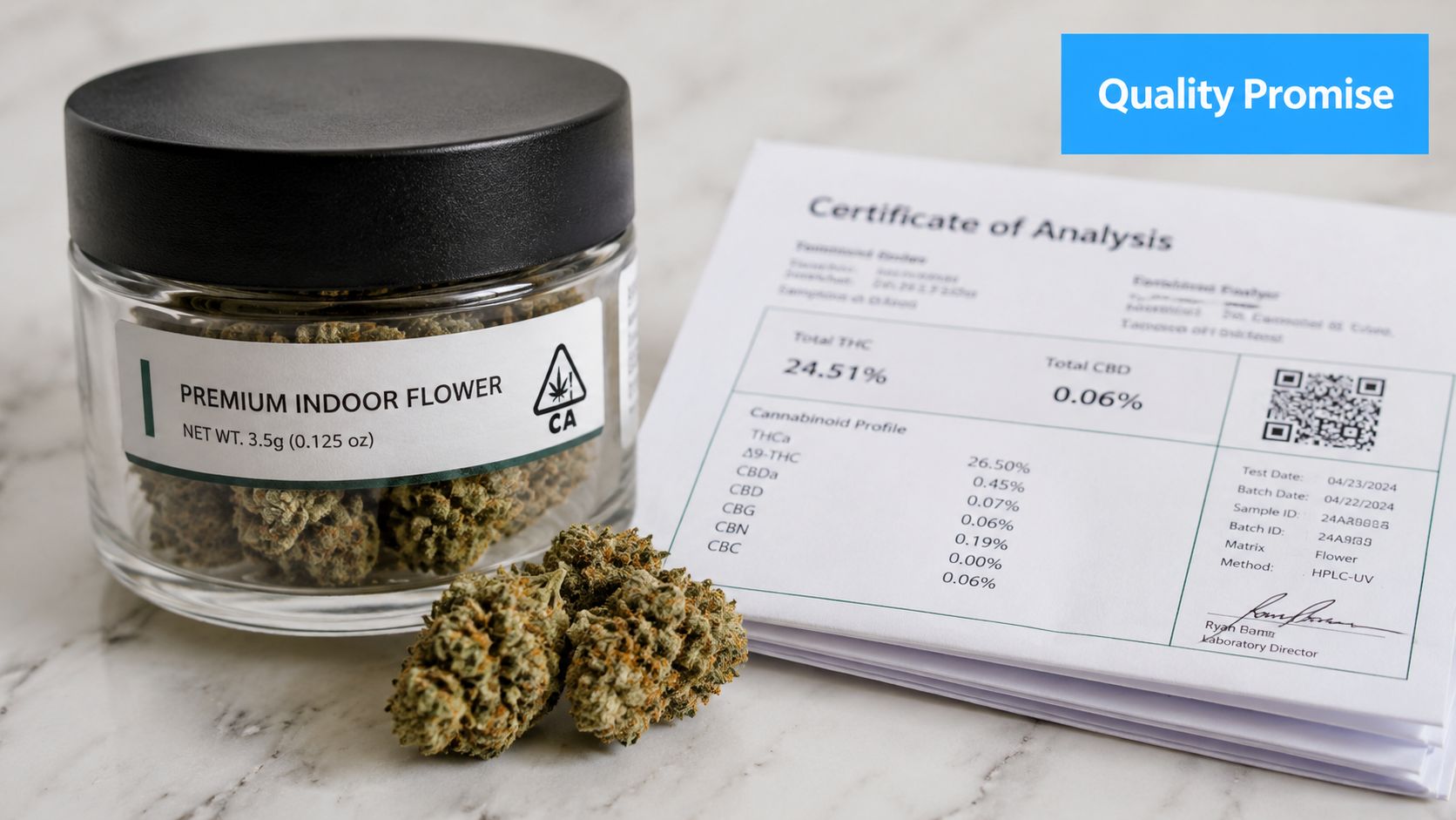 A glass jar of premium indoor cannabis flower next to a printed Certificate of Analysis document.