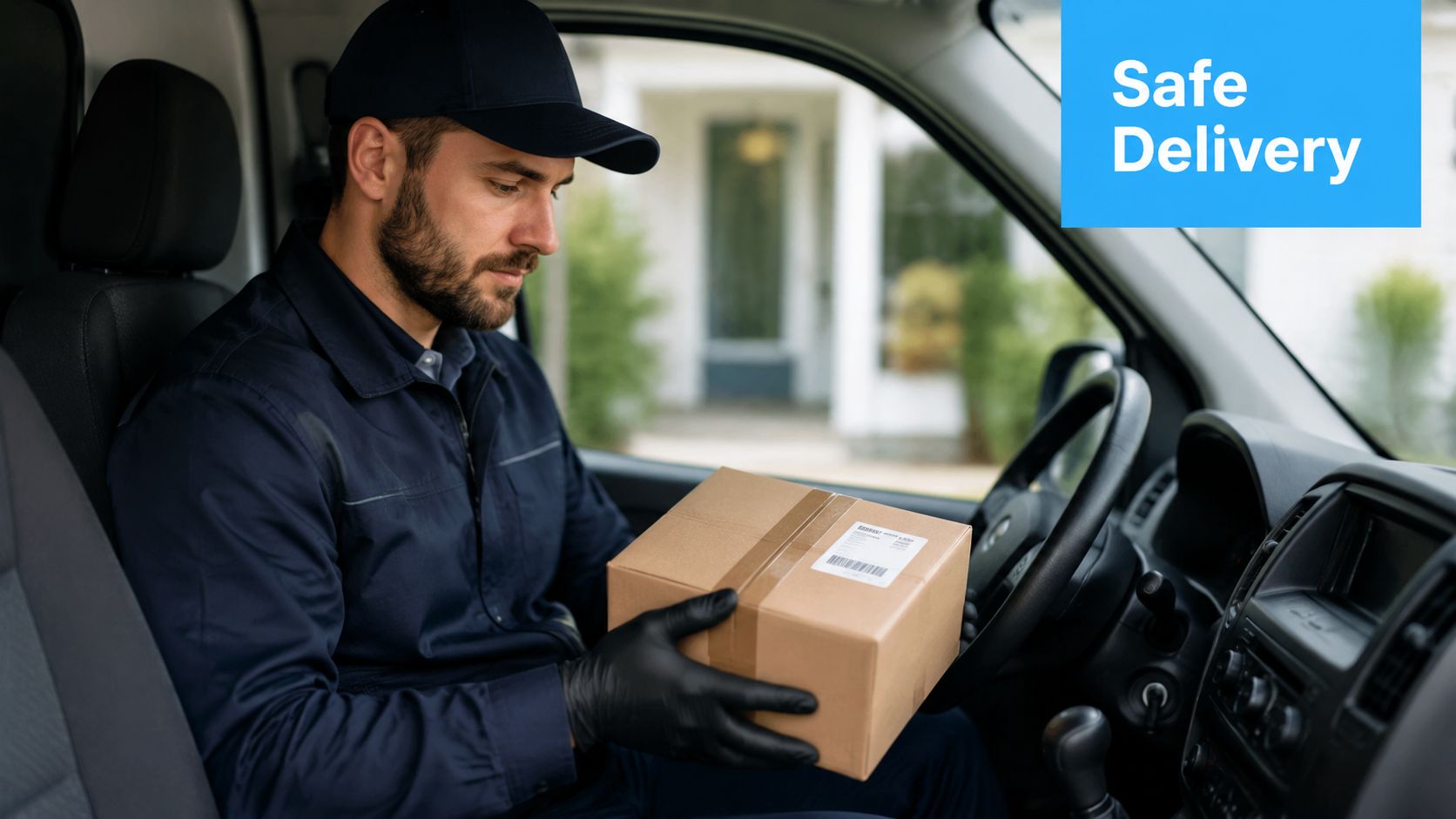 A professional delivery driver in a uniform and gloves holding a small brown parcel inside a vehicle.