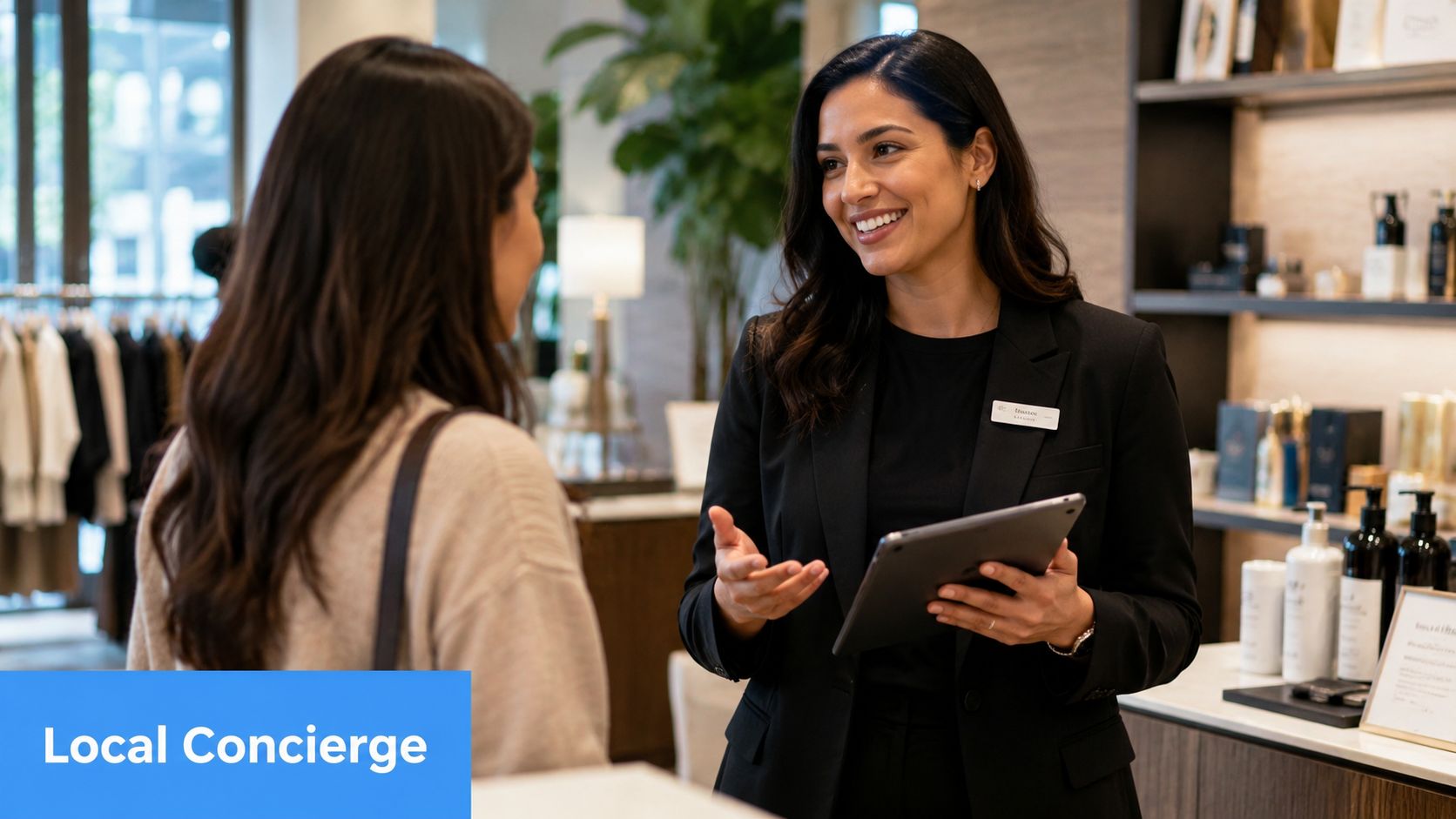 A friendly local concierge in a black blazer assists a customer in a boutique shop setting.