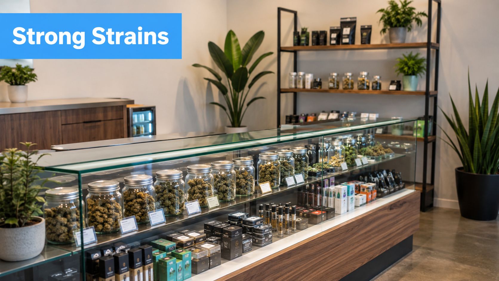 A clean, modern cannabis dispensary interior featuring jars of cannabis flower on display shelves and a glass counter.