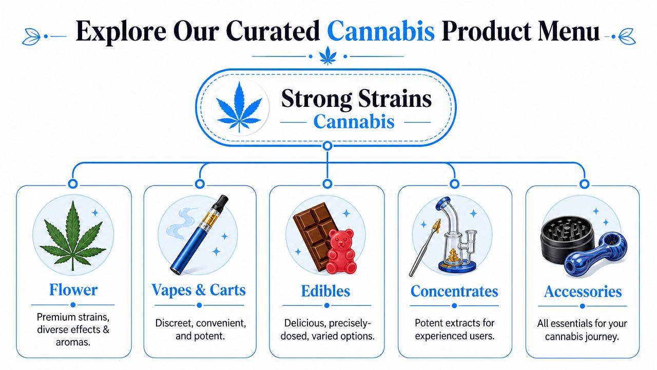 An infographic titled Strong Strains Cannabis menu displaying icons for flower, vapes, edibles, concentrates, and accessories.