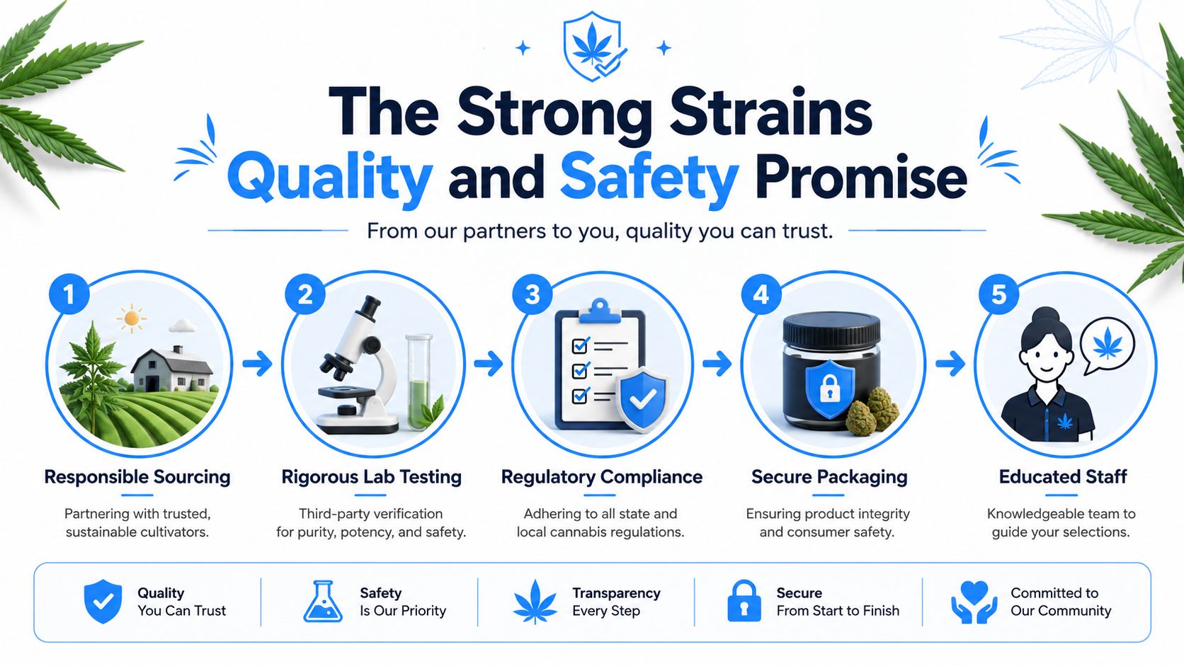 An infographic showing the five steps of the Strong Strains quality and safety assurance process for cannabis products.