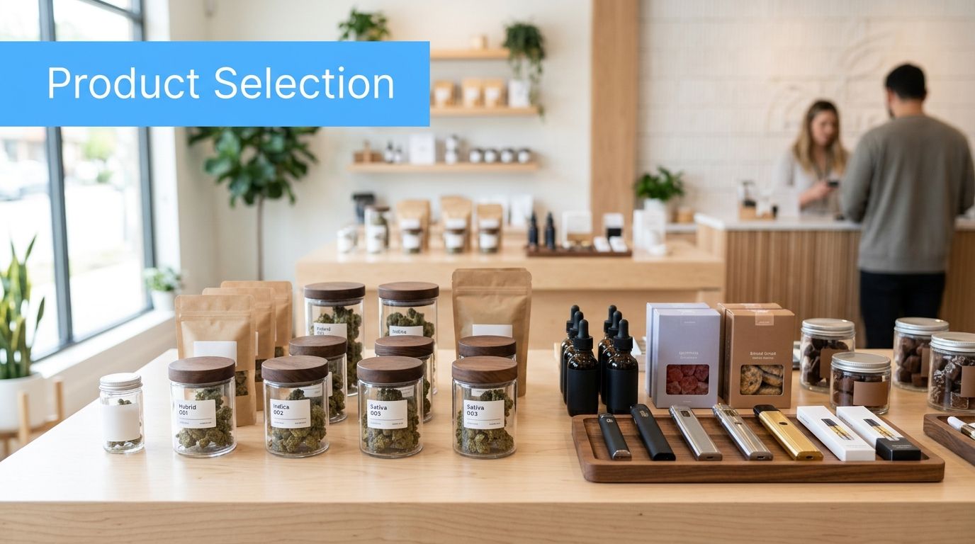 A clean, modern dispensary display counter showcasing glass jars of cannabis flower and various vape products.