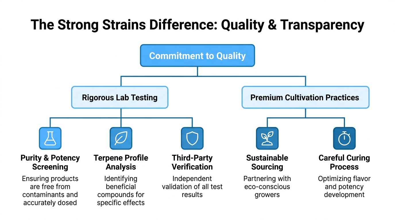 A flow chart illustrating Strong Strains' commitment to quality through rigorous lab testing and premium cultivation practices.